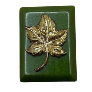 Bakelite Maple Leaf Refrigerator Magnet Vintage Green Gold Tone Fall Leaves